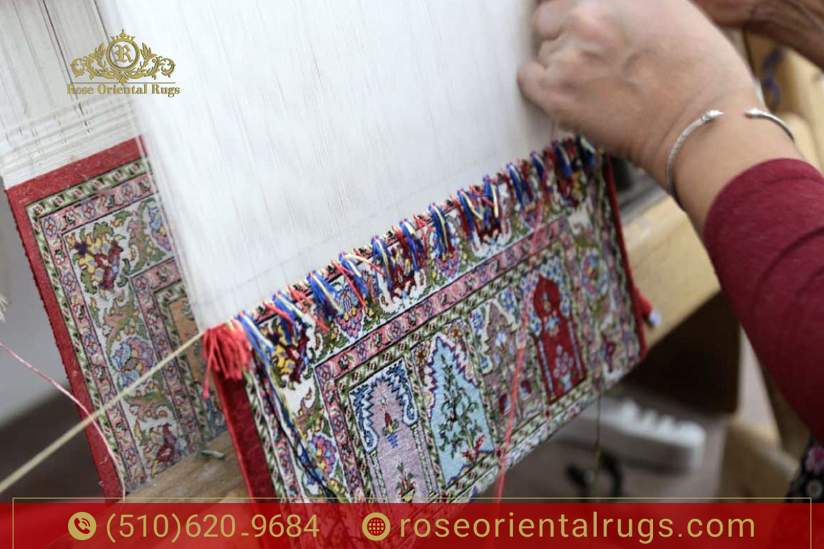 Close-up of an authentic oriental rug showing detailed handwoven patterns and rich, natural colors.