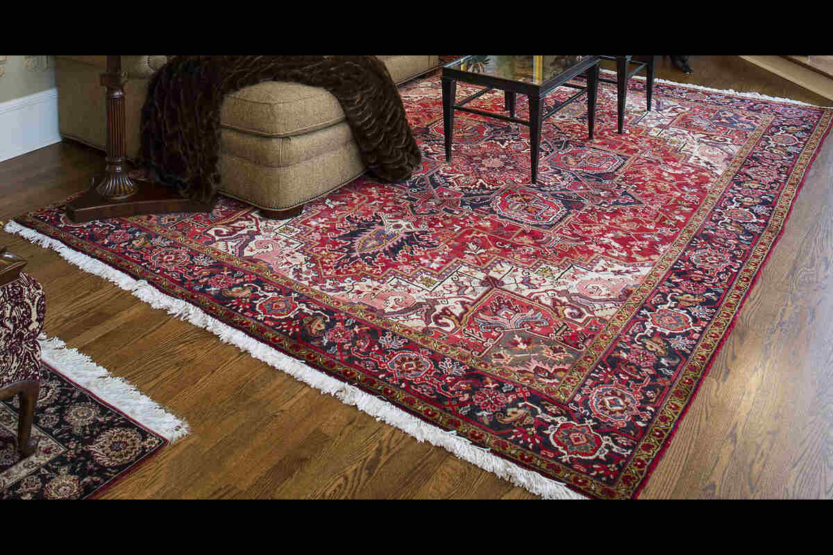 A hand-knotted wool oriental rug with natural dyes in a modern eco-friendly living room, showcasing sustainable rugs.