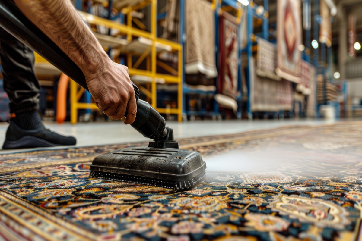 A specialized technician performing hand-washing on a valuable Persian rug as part of an oriental rug cleaning near me service in Berkeley.