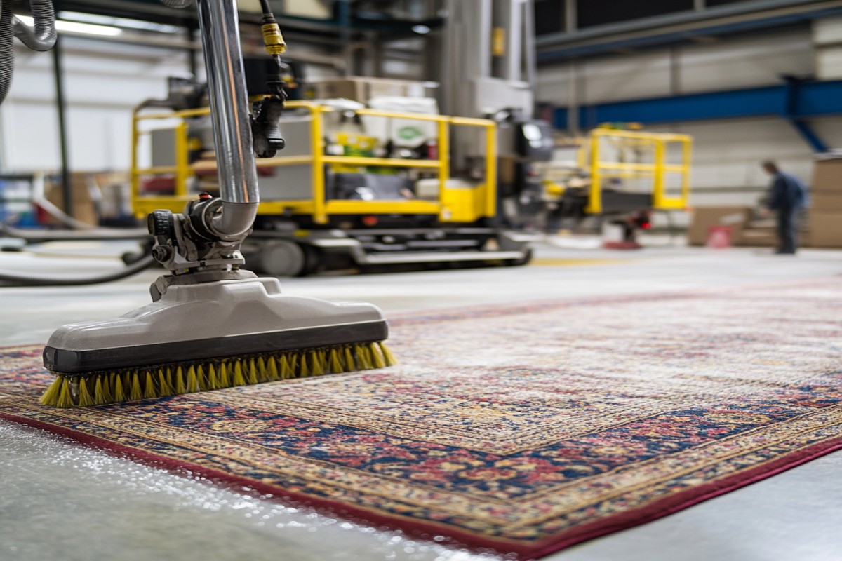 Professional hand-washing process by oriental rug cleaners near me, showing a technician in green gloves using a soft brush to clean a detailed floral Persian rug.