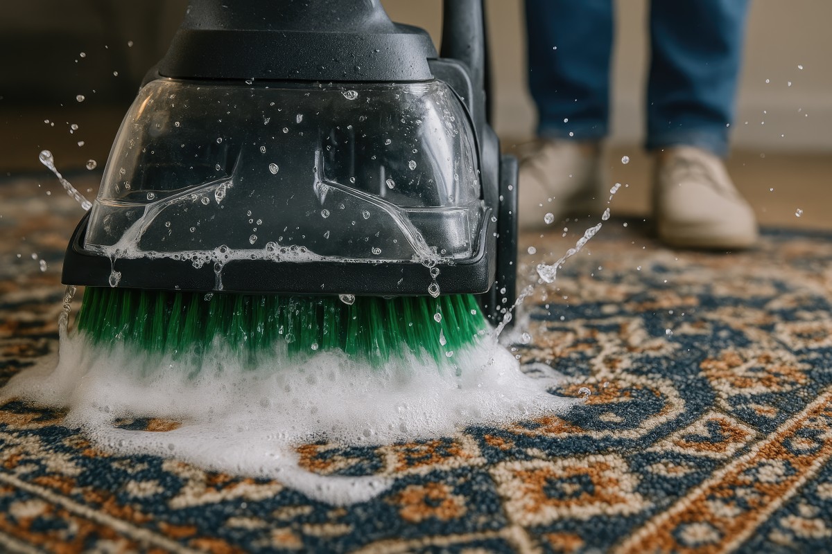 Master artisan gently hand-washing a vibrant, intricate Persian rug with a soft brush and rich organic lather, showcasing expert Iranian carpet cleaning in Berkeley.