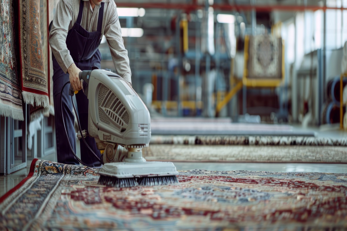 Professional carpet cleaning technician using a truck-mounted steam extractor to clean a living room rug in a Berkeley, California home.