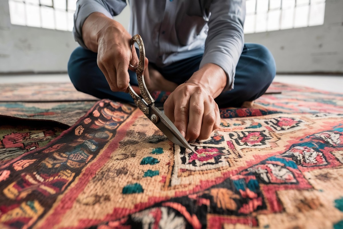 Master artisan performing hand-knotted Persian rug repair to restore unraveled fringes and foundation fibers.