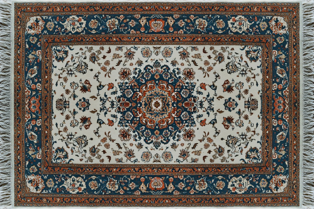 Technician performing cold-water immersion Iranian carpet cleaning on a hand-knotted wool rug using soft brushes.