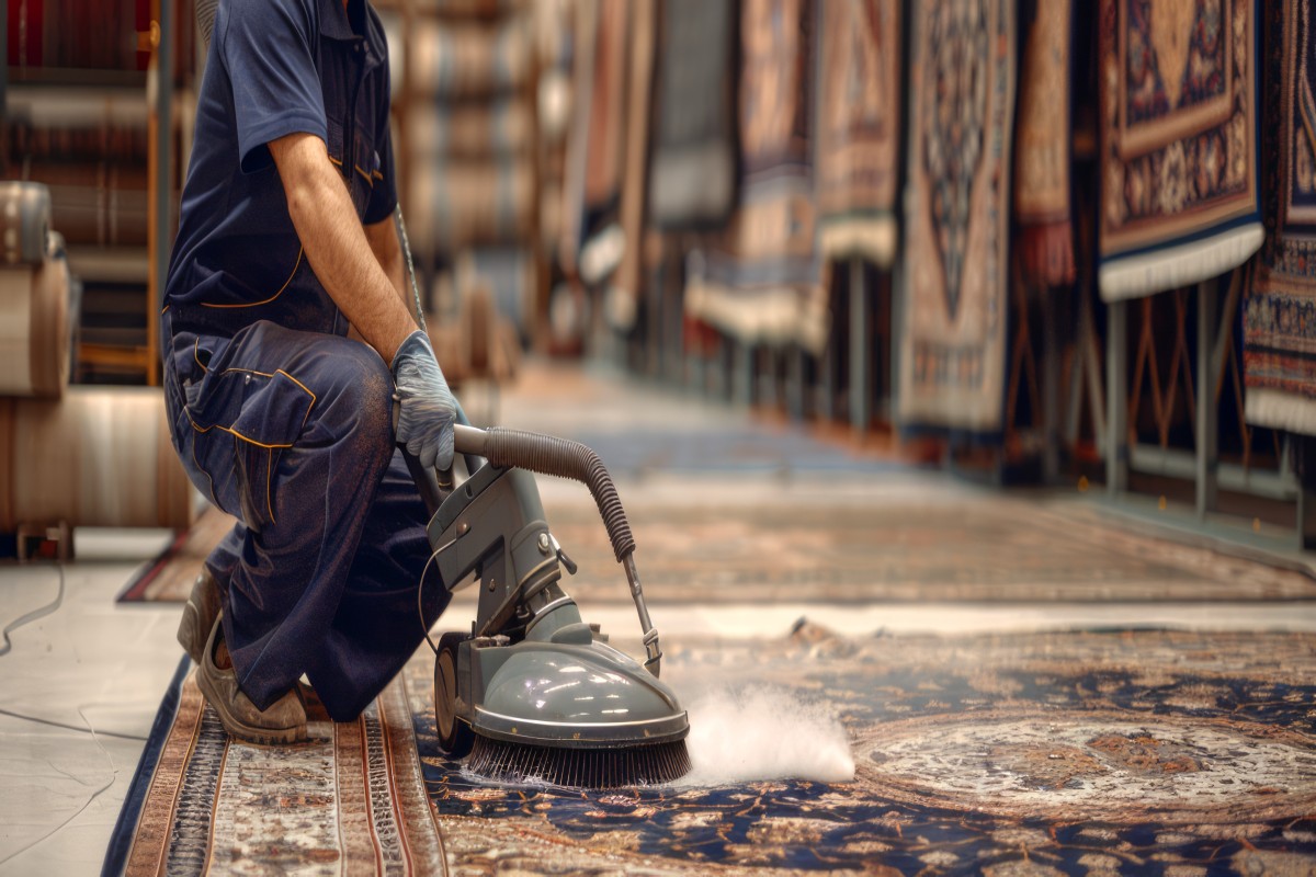 Master weaver performing precise Persian rug repair and cleaning on a vintage wool carpet.