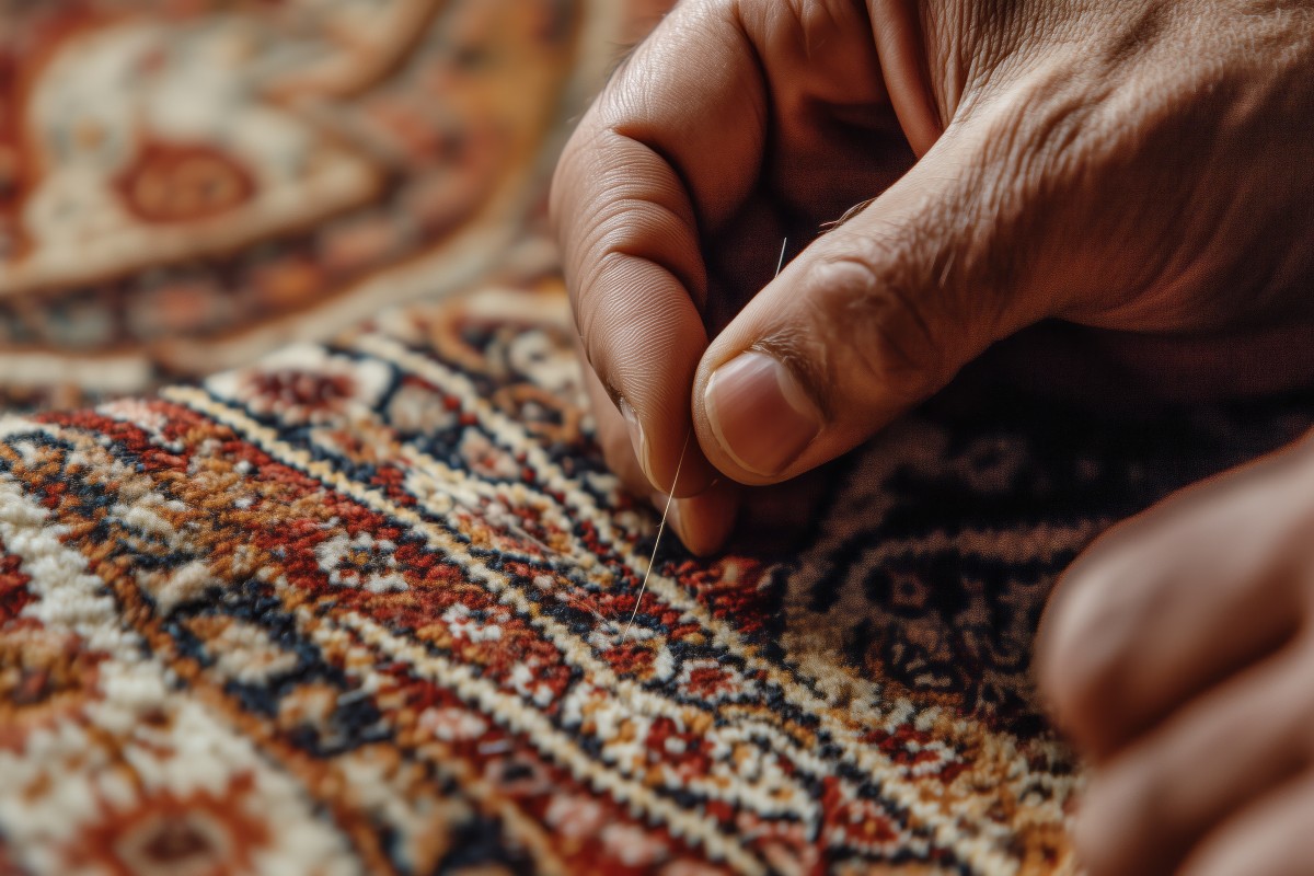 Textile artisan carefully re-weaving damaged wool knots onto an antique foundation for an oriental rug repair near me service.