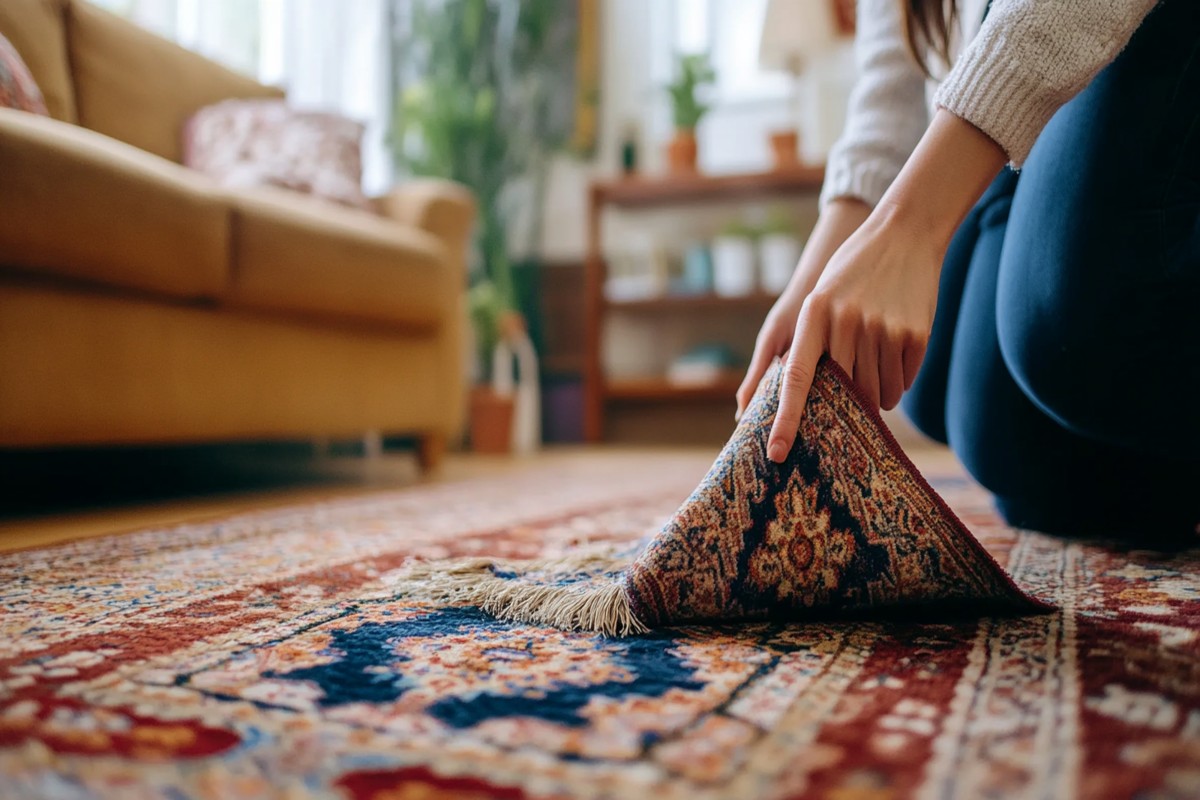 Specialist inspecting wool pile under direct light to explain how to prevent moth damage to oriental rugs before winter storage.