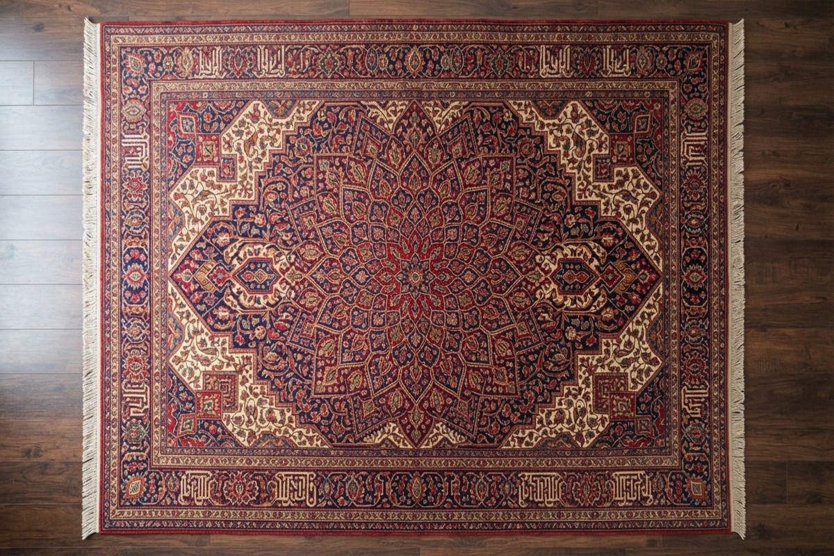 Technician performing traditional submersion wash and oriental rug stain removal Bay Area specialists provide on an antique wool rug.