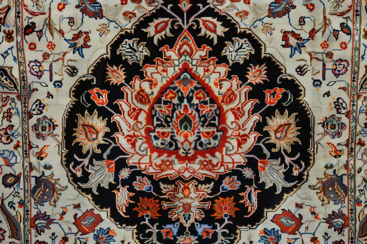 Expert examining the hand-knotted foundation and wool fringe during an antique oriental rug appraisal in Berkeley.